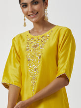 Yellow hand embroidered Silk chanderi kurta
