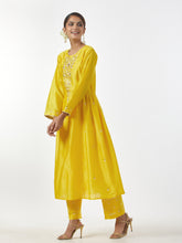 Yellow hand embroidered Silk chanderi kurta with gathers