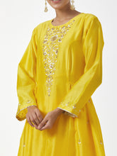 Yellow hand embroidered Silk chanderi kurta with gathers
