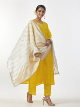 Yellow hand embroidered Silk chanderi kurta with plackett