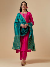 Green hand embroidered silk chanderi dupatta