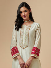 Off white silk chanderi a-line hand embroidered kurta