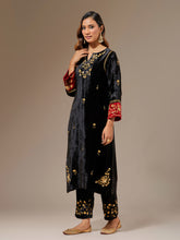 Black velvet hand embroidered contrast sleeve kurta