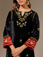 Black velvet hand embroidered contrast sleeve kurta