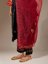 Deep Red hand embroidered organza dupatta