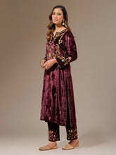 Wine velvet kurta with hand embroidery