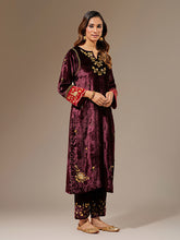 Wine velvet hand embroidered contrast sleeve kurta