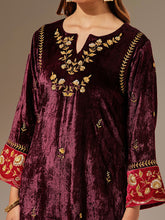 Wine velvet hand embroidered contrast sleeve kurta