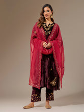 Deep Pink hand embroidered organza dupatta