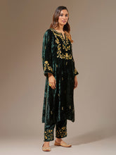 Green velvet kurta with hand embroidery