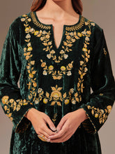 Green velvet kurta with hand embroidery