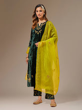 Green velvet hand embroidered contrast sleeve kurta