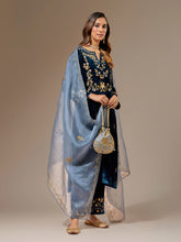 Blue velvet kurta with hand embroidery