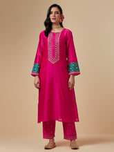 Fuchsia silk chanderi a-line hand embroidered kurta
