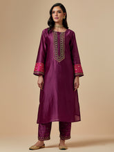 Wine silk chanderi a-line hand embroidered kurta