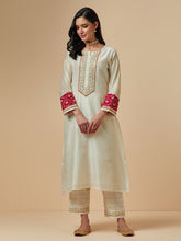 Off white silk chanderi a-line hand embroidered kurta