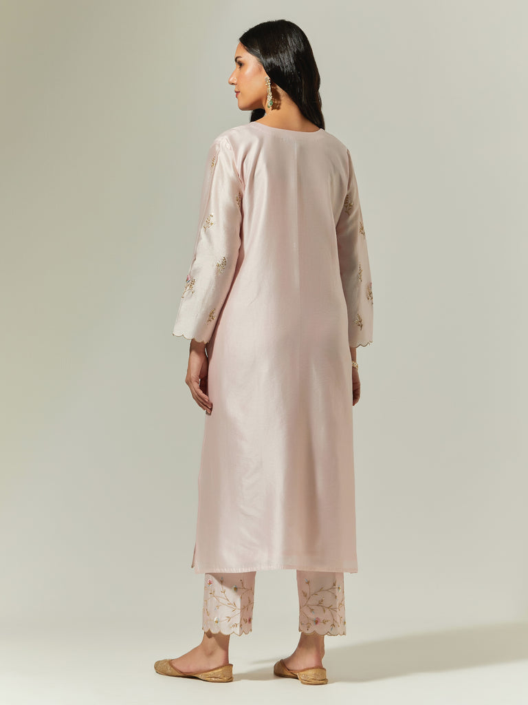 Pink Embroidered Chanderi Silk Straight Kurta With Trousers & Dupatta