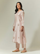 Light Pink Silk Chanderi hand embroidered kurta with plackett