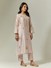 Light Pink Silk Chanderi hand embroidered kurta with plackett