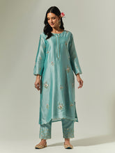 Blue Silk Chanderi hand embroidered kurta with plackett