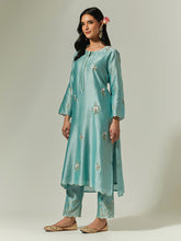 Blue Silk Chanderi hand embroidered kurta with plackett