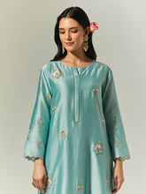 Blue Silk Chanderi hand embroidered kurta with plackett
