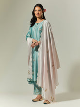 Blue Silk Chanderi hand embroidered kurta with plackett