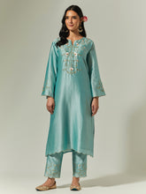 Blue Silk Chanderi hand embroidered kurta