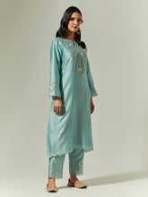 Blue Silk Chanderi hand embroidered kurta