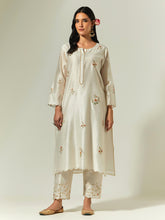 Off White Silk Chanderi hand embroidered kurta with plackett