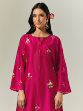 Fuchsia Silk Chanderi hand embroidered kurta with plackett