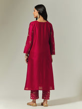 Red Silk Chanderi hand embroidered kurta with plackett