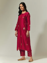 Red Silk Chanderi hand embroidered kurta with plackett