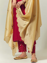 Beige Silk Chanderi hand embroidered dupatta