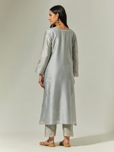 Grey Silk Chanderi hand embroidered kurta with plackett
