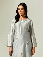 Grey Silk Chanderi hand embroidered kurta with plackett