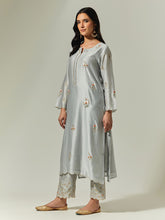 Grey Silk Chanderi hand embroidered kurta with plackett