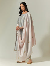 Grey Silk Chanderi hand embroidered kurta with plackett