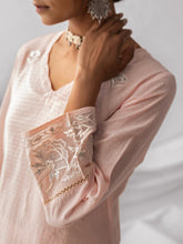 Pastel pink dobby kurta with all over embroidery