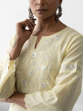 Pastel yellow dobby kurta with embroidered yoke