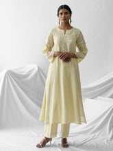 Pastel yellow dobby kurta with embroidered yoke