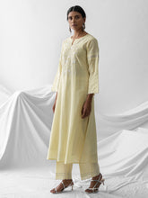 Pastel yellow dobby kurta with embroidered yoke