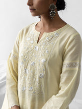 Pastel yellow dobby kurta with embroidered yoke
