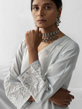 Pastel blue dobby kurta with all over embroidery