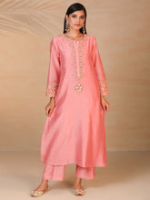 Pink hand embroidered silk chanderi kurta