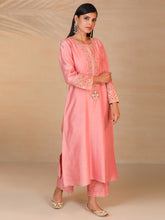 Pink hand embroidered silk chanderi kurta
