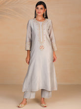 Grey hand embroidered silk chanderi kurta