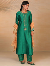 Green hand embroidered silk chanderi kurta