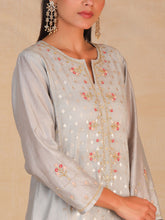 Grey chanderi embroidered panel kurta