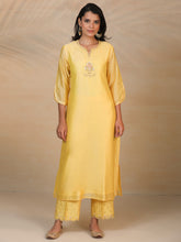 Yellow hand embroidered silk chanderi kurta